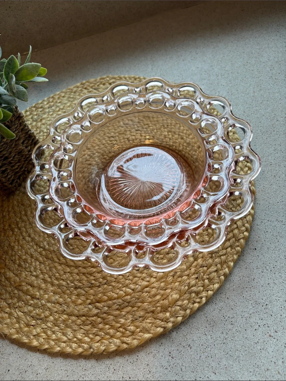 (2) Pink Depression Glass Lace Edge Bowls - Hocking Glass Co 1930s